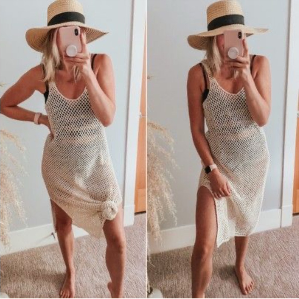 Aerie Cream Mesh Crochet Swim Cover-Up Midi Dress Small